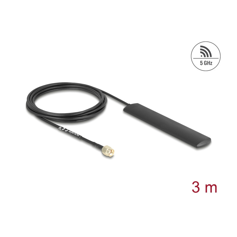 Delock WiFi 5,8 GHz Antenne RP-SMA Stecker 3 dBi omnidirektional mit Anschlusskabel RG-174 3 m schwarz Klebemontage
