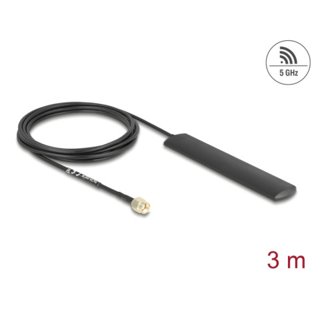 Delock WiFi 5,8 GHz Antenne RP-SMA Stecker 3 dBi omnidirektional mit Anschlusskabel RG-174 3 m schwarz Klebemontage