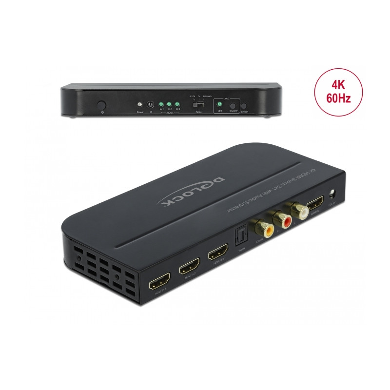 Delock HDMI Switch 3 x HDMI in zu 1 x HDMI out 4K 60 Hz mit Audio Extraktor