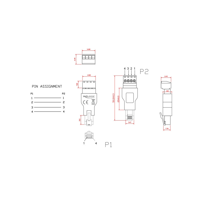 Delock Adapter RJ11/14 Stecker zu Terminalblock 4 Pin 2-teilig