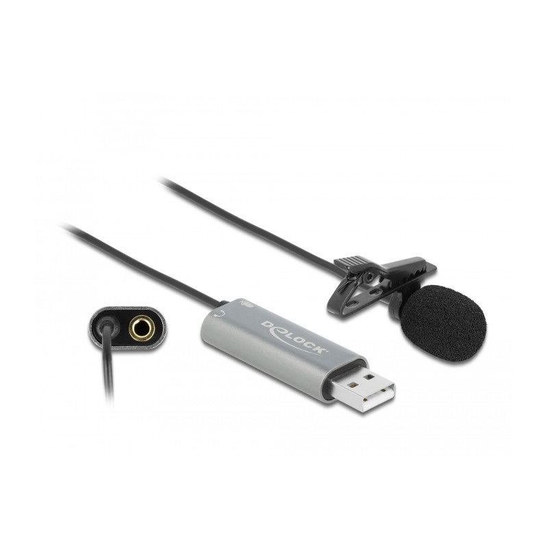 Delock USB Krawatten Lavalier Mikrofon Omnidirektional 24 Bit / 192 kHz mit Clip und 3,5 mm Stereoklinken-Kopfhöreranschluss