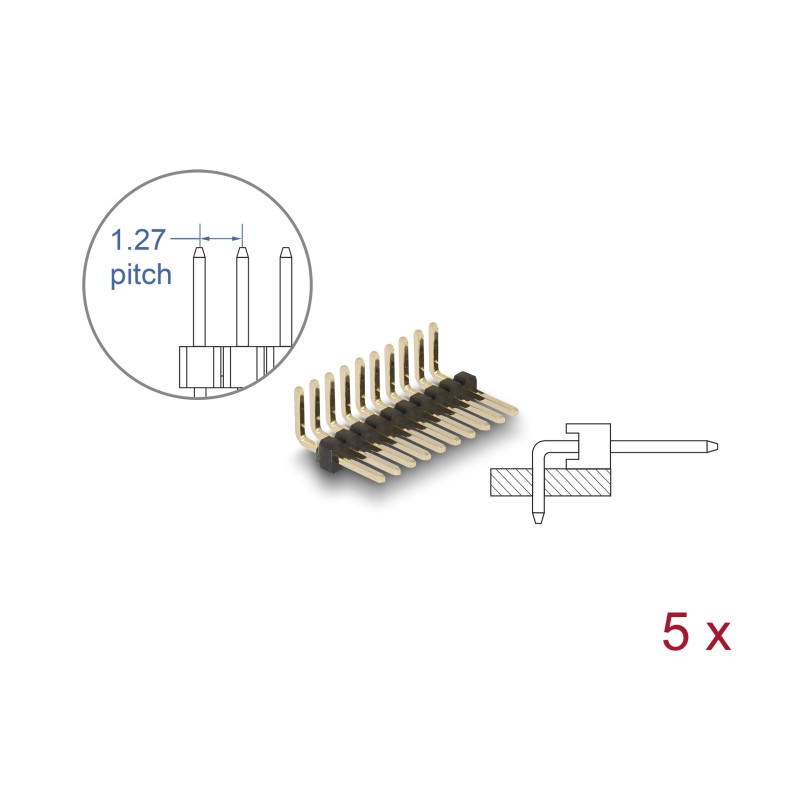 Delock Stiftleiste 10 Pin, Rastermaß 1,27 mm, 1-reihig, gewinkelt, 5 Stück