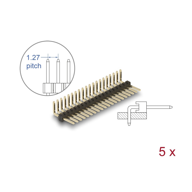 Delock Stiftleiste 20 Pin, Rastermaß 1,27 mm, 1-reihig, gewinkelt, 5 Stück