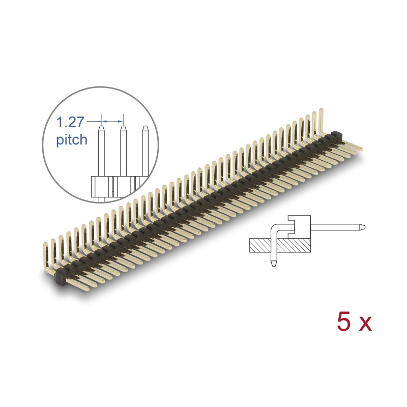 Delock Stiftleiste 40 Pin, Rastermaß 1,27 mm, 1-reihig, gewinkelt, 5 Stück