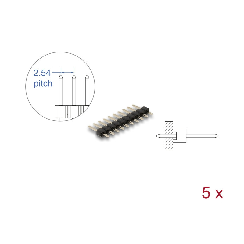 Delock Stiftleiste 10 Pin, Rastermaß 2,54 mm, 1-reihig, gerade, 5 Stück