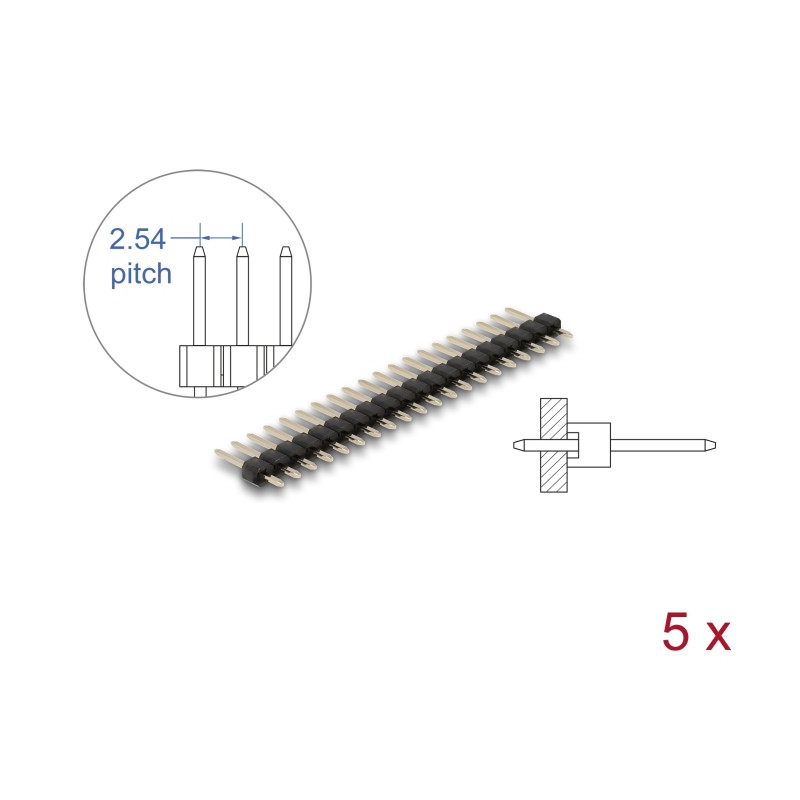 Delock Stiftleiste 20 Pin, Rastermaß 2,54 mm, 1-reihig, gerade, 5 Stück