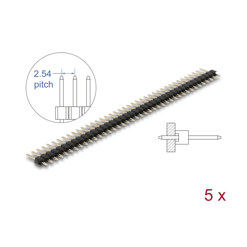 Delock Stiftleiste 40 Pin, Rastermaß 2,54 mm, 1-reihig, gerade, 5 Stück