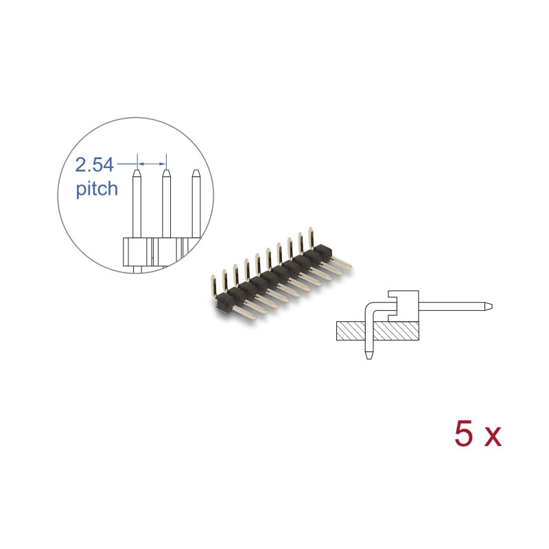 Delock Stiftleiste 10 Pin, Rastermaß 2,54 mm, 1-reihig, gewinkelt, 5 Stück