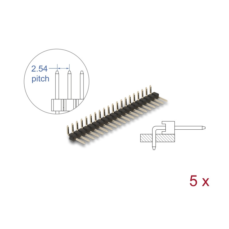 Delock Stiftleiste 20 Pin, Rastermaß 2,54 mm, 1-reihig, gewinkelt, 5 Stück