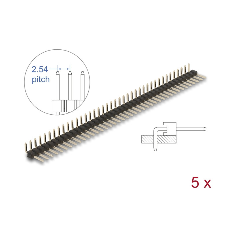 Delock Stiftleiste 40 Pin, Rastermaß 2,54 mm, 1-reihig, gewinkelt, 5 Stück