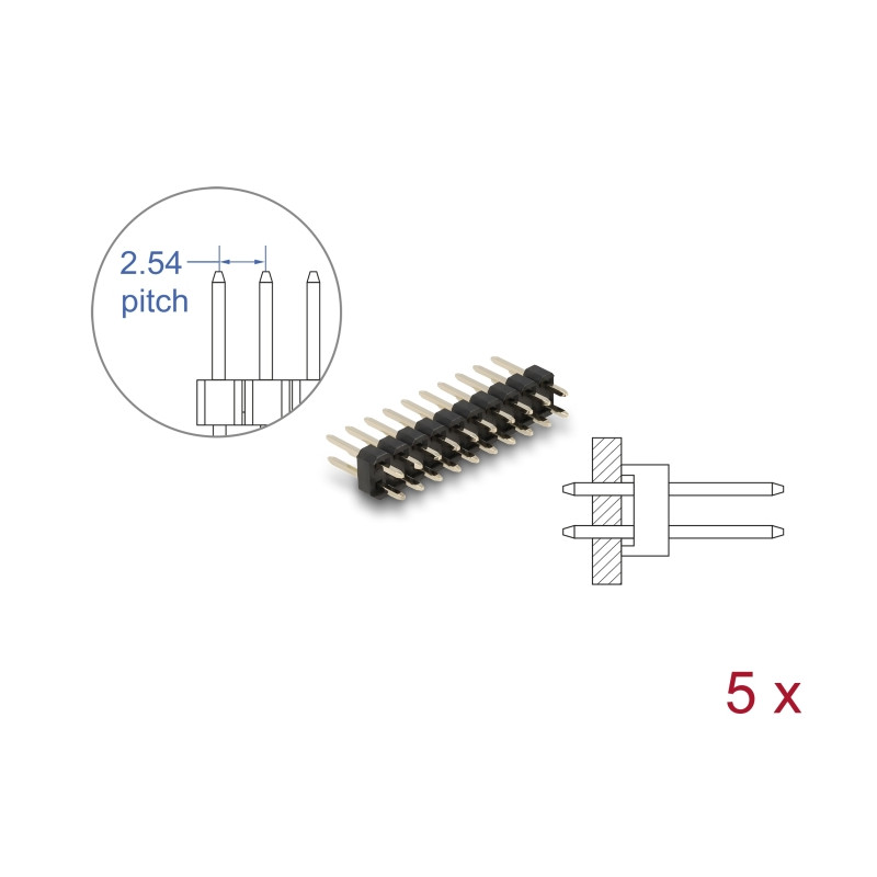 Delock Stiftleiste 10 Pin, Rastermaß 2,54 mm, 2-reihig, gerade, 5 Stück