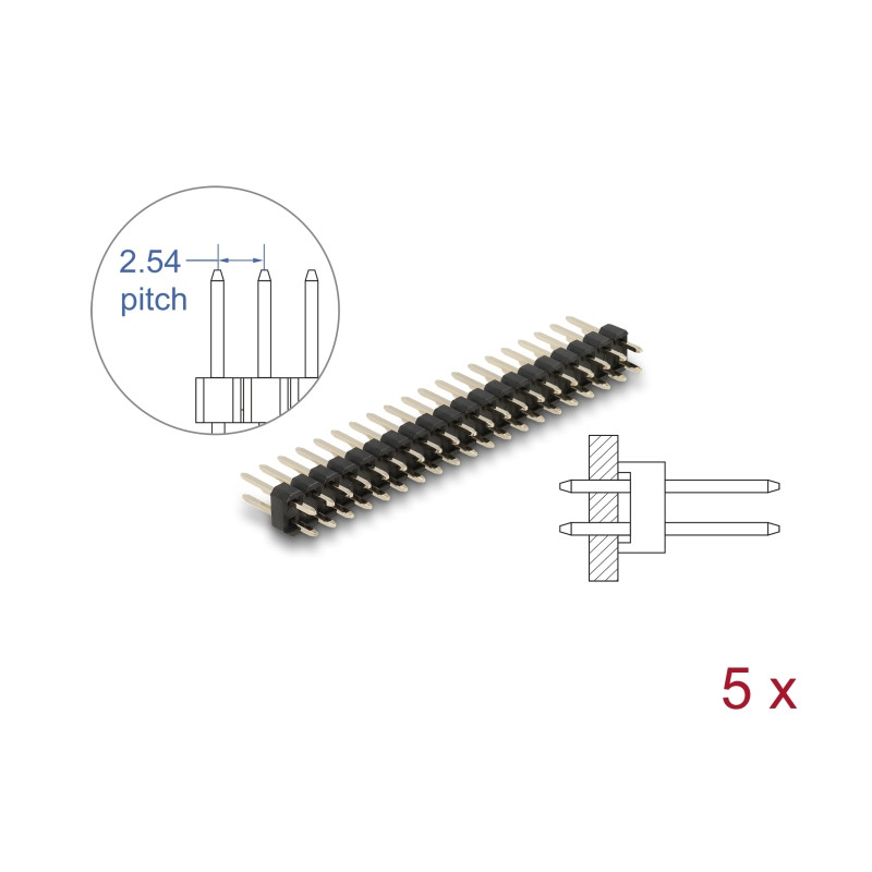 Delock Stiftleiste 20 Pin, Rastermaß 2,54 mm, 2-reihig, gerade, 5 Stück