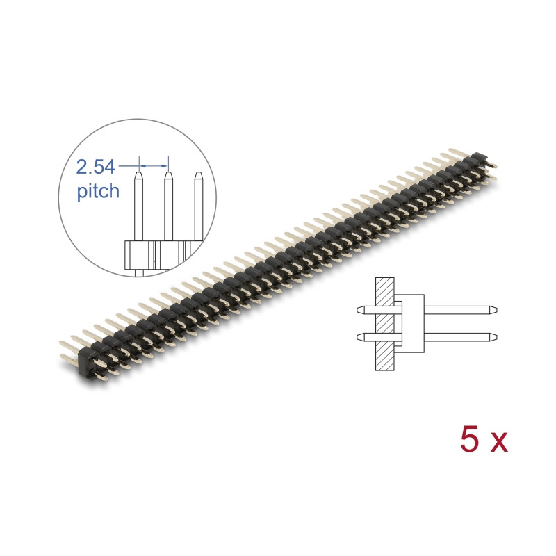 Delock Stiftleiste 40 Pin, Rastermaß 2,54 mm, 2-reihig, gerade, 5 Stück