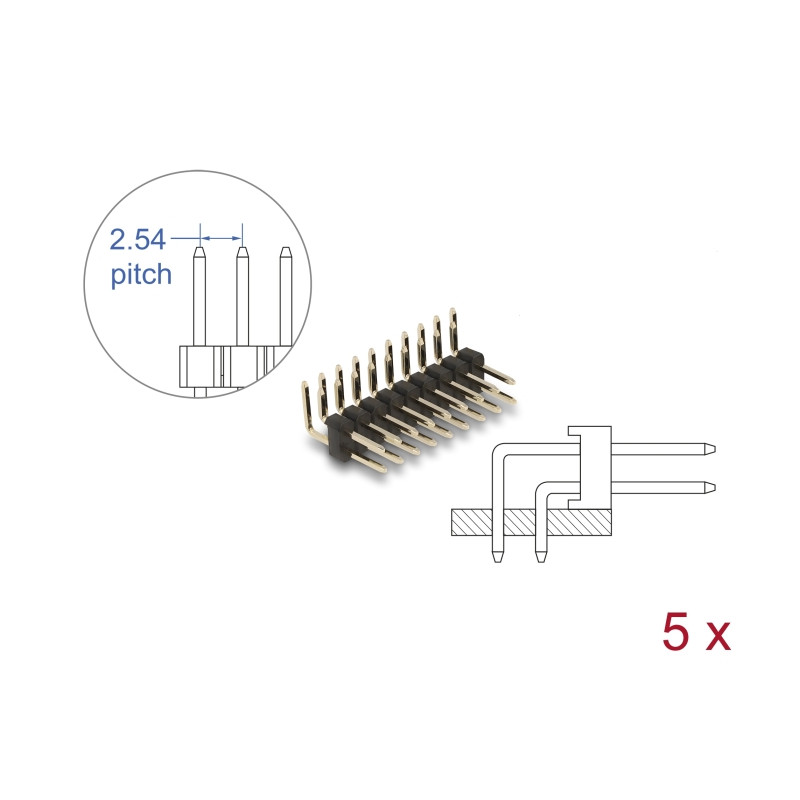 Delock Stiftleiste 10 Pin, Rastermaß 2,54 mm, 2-reihig, gewinkelt, 5 Stück