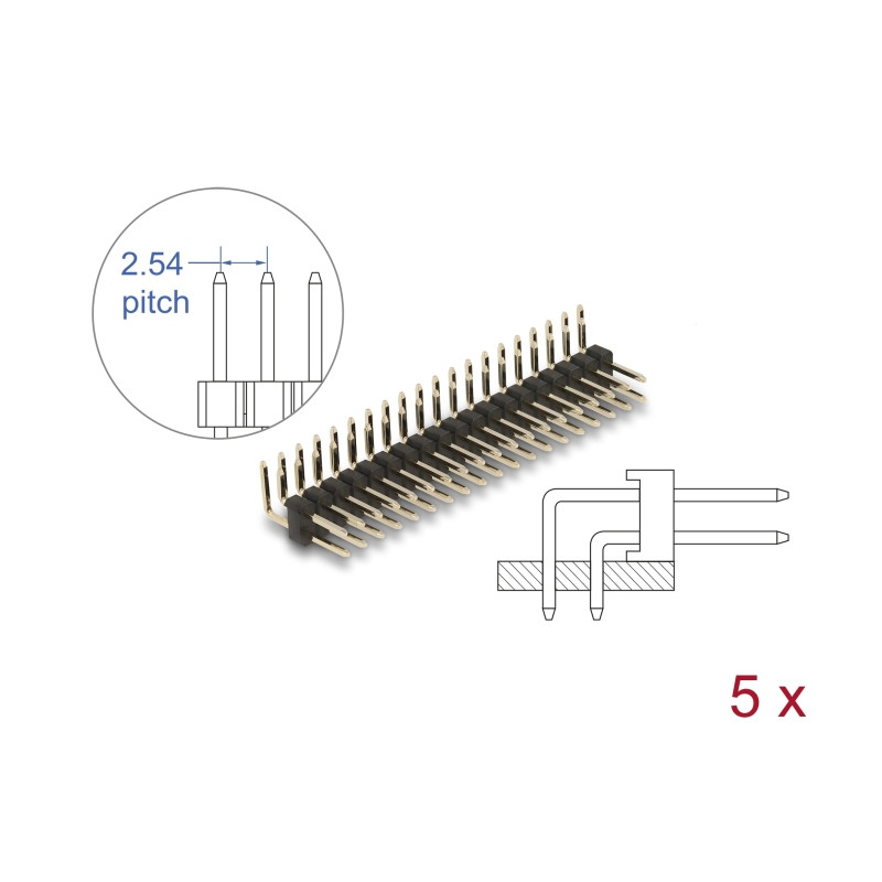 Delock Stiftleiste 20 Pin, Rastermaß 2,54 mm, 2-reihig, gewinkelt, 5 Stück