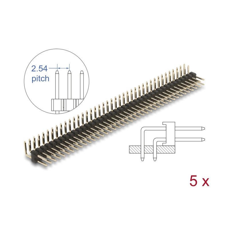 Delock Stiftleiste 40 Pin, Rastermaß 2,54 mm, 2-reihig, gewinkelt, 5 Stück