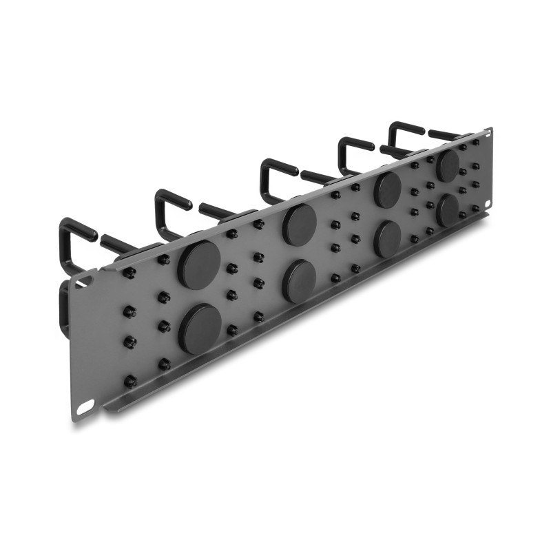Delock 19″ Kabelmanagement Rangierpanel mit 8 Gummi Kabeldurchführungen und 10 Bügeln 2 HE dunkelgrau
