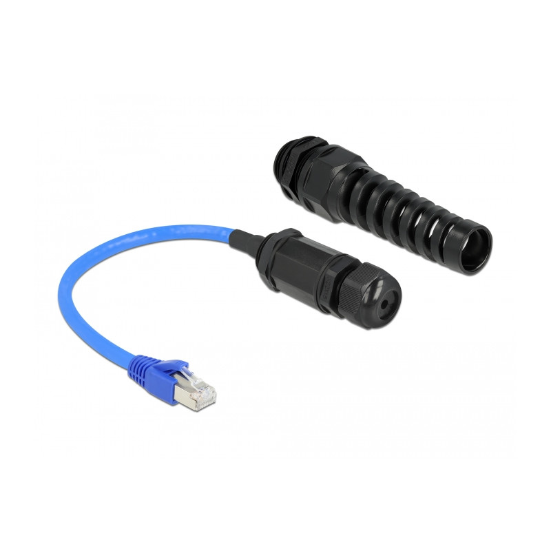 Delock Kabel RJ45 Stecker zu RJ45 Buchse Cat.6 wasserdicht mit Kabelverschraubung und Knickschutztülle