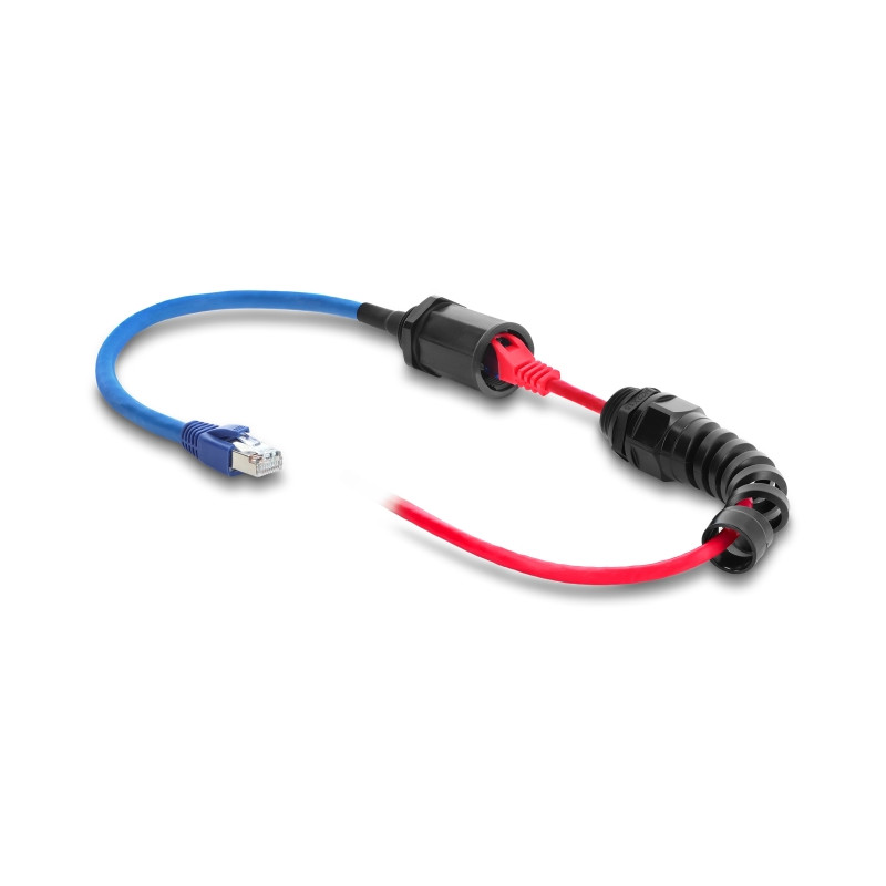 Delock Kabel RJ45 Stecker zu RJ45 Buchse Cat.6 wasserdicht mit Kabelverschraubung und Knickschutztülle