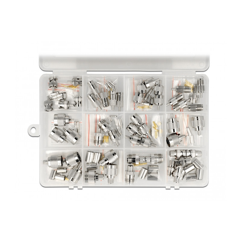 Delock Crimpbox 48-teilig 50 Ohm mit BNC, TNC und N Konnektoren