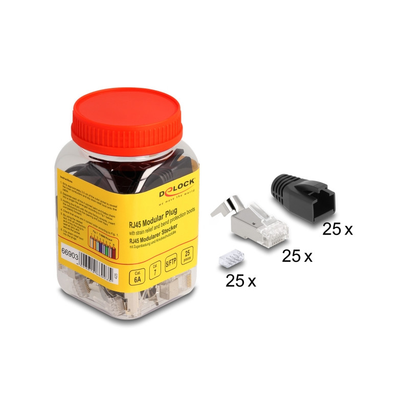 Delock RJ45 Modularer Stecker mit Zugentlastung Cat.6A, Cat.7 und Knickschutztülle 25er Set