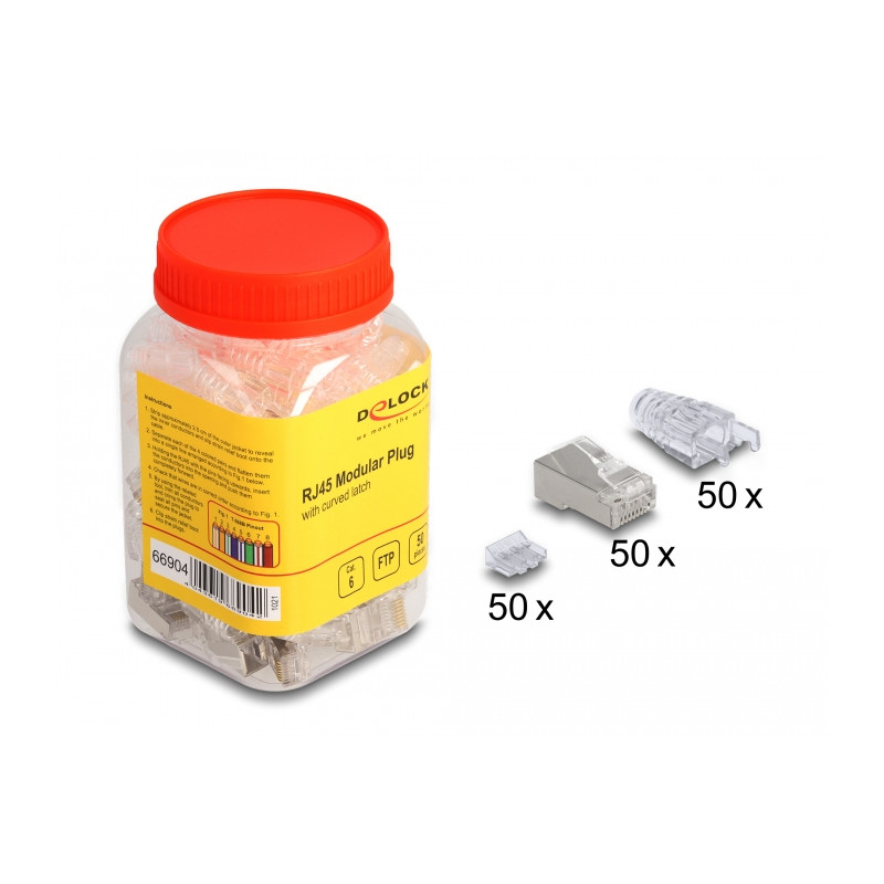 Delock RJ45 Modularer Stecker mit gebogener Rastnase Cat.6 und Knickschutztülle 50er Set