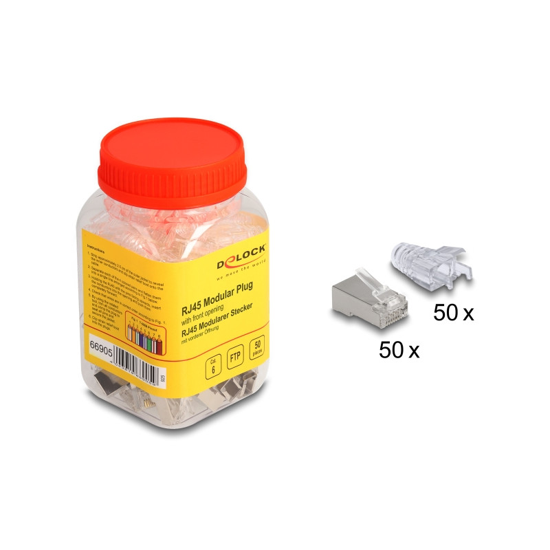 Delock RJ45 Modularer Stecker mit vorderer Öffnung (easy connect) Cat.6 und Knickschutztülle 50er Set