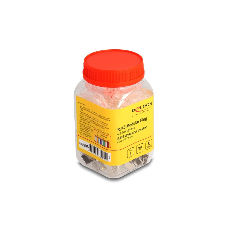 Delock RJ45 Modularer Stecker mit vorderer Öffnung (easy connect) Cat.6 und Knickschutztülle 50er Set