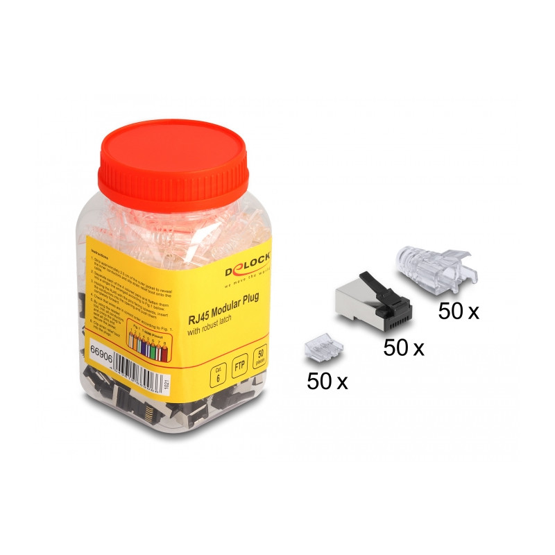 Delock RJ45 Modularer Stecker mit robuster Rastnase Cat.6 und Knickschutztülle 50er Set