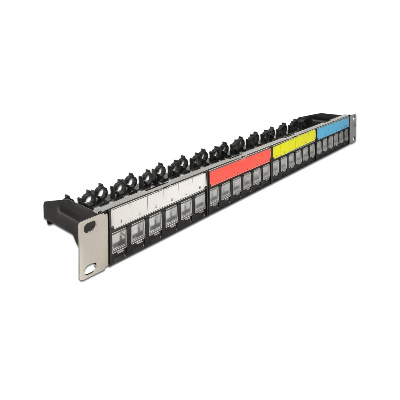 Delock 19″ Keystone Patchpanel 24 Port mit Kabelbefestigungsschiene, Beschriftungsfeld und Staubschutz 1 HE schwarz