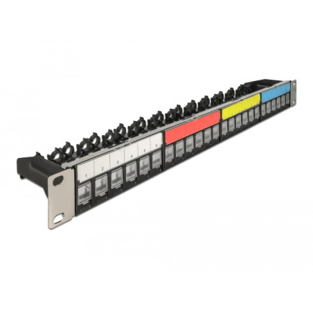 Delock 19″ Keystone Patchpanel 24 Port mit Kabelbefestigungsschiene, Beschriftungsfeld und Staubschutz 1 HE schwarz