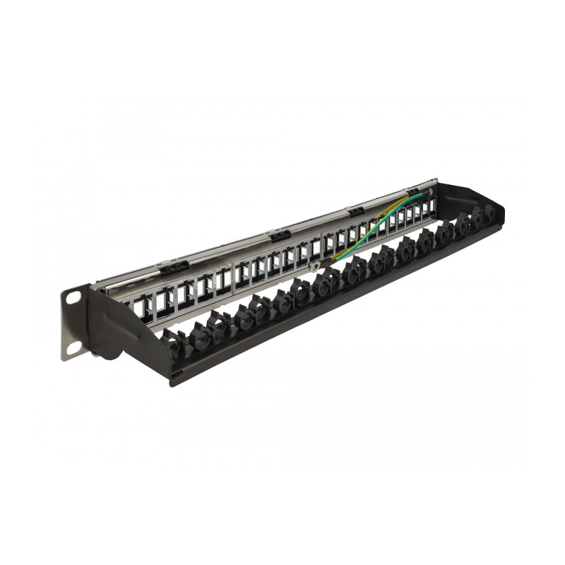 Delock 19″ Keystone Patchpanel 24 Port mit Kabelbefestigungsschiene, Beschriftungsfeld und Staubschutz 1 HE schwarz