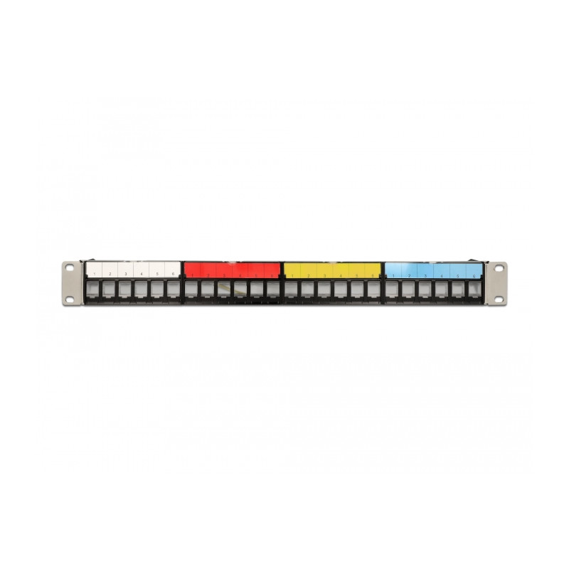 Delock 19″ Keystone Patchpanel 24 Port mit Kabelbefestigungsschiene, Beschriftungsfeld und Staubschutz 1 HE schwarz