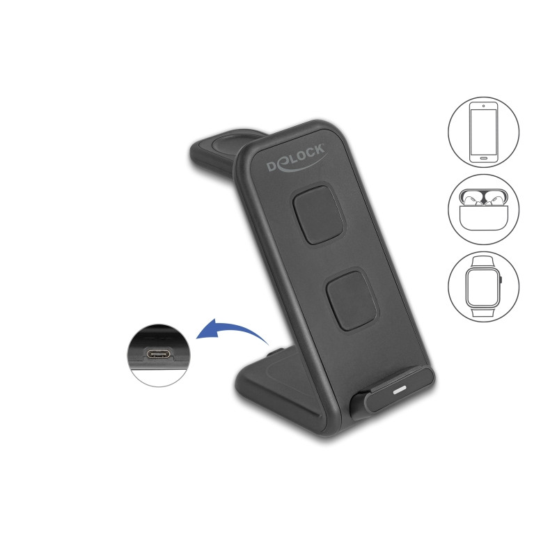 Delock Wireless Charger 3 in 1 mit 2 Ladespulen 5 W / 5 W / 15 W