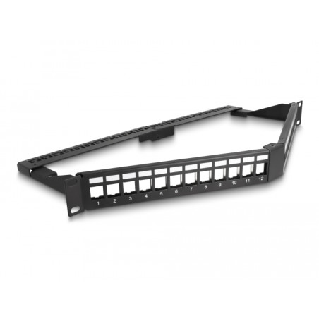 Delock 19″ Keystone Patchpanel 24 Port mit Entlastungsschiene 1 HE gewinkelt schwarz