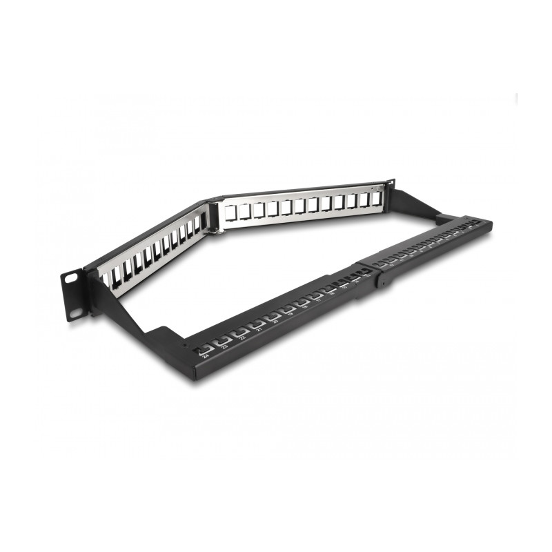 Delock 19″ Keystone Patchpanel 24 Port mit Entlastungsschiene 1 HE gewinkelt schwarz