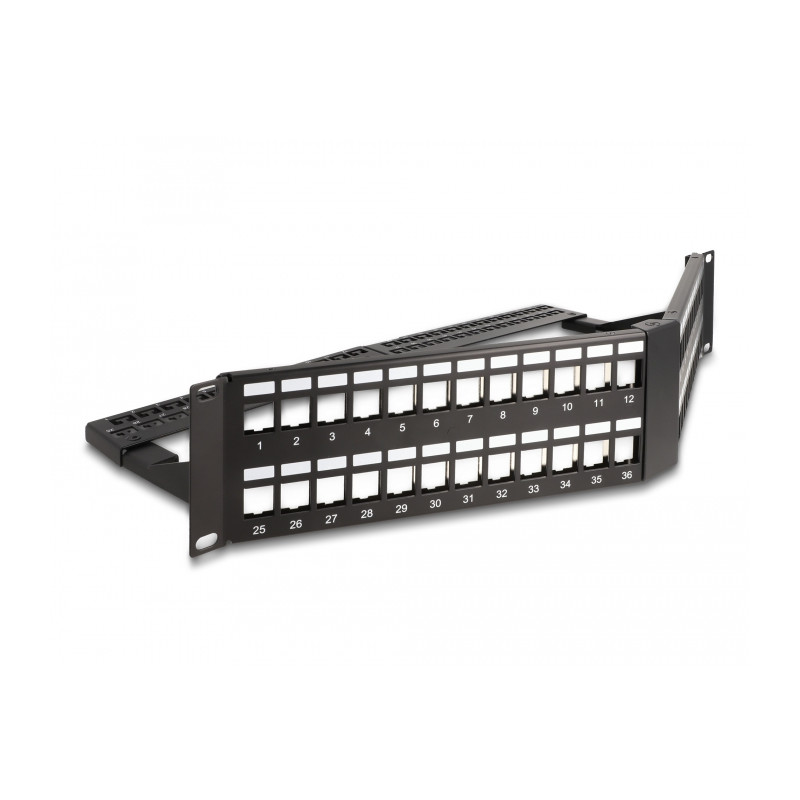 Delock 19″ Keystone Patchpanel 48 Port mit Entlastungsschiene 2 HE gewinkelt schwarz