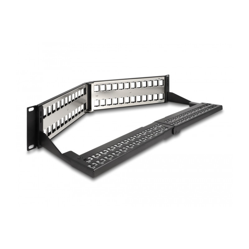 Delock 19″ Keystone Patchpanel 48 Port mit Entlastungsschiene 2 HE gewinkelt schwarz