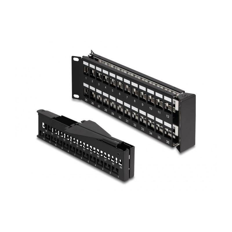 Delock 19″ Keystone Patchpanel 48 Port mit Entlastungsschiene 2 HE gewinkelt schwarz