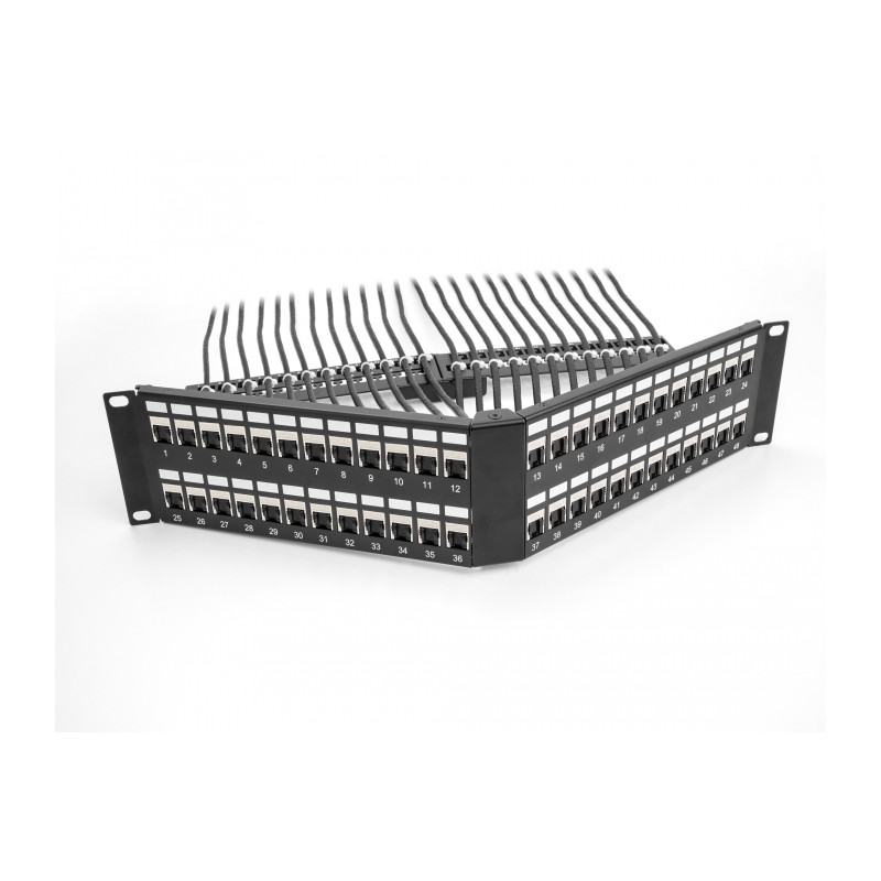 Delock 19″ Keystone Patchpanel 48 Port mit Entlastungsschiene 2 HE gewinkelt schwarz