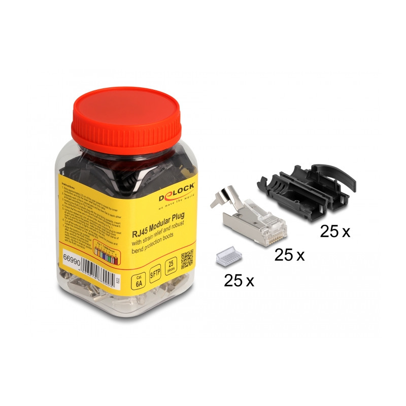 Delock RJ45 Modularer Stecker mit Zugentlastung Cat.6A und robuster Knickschutztülle 25er Set