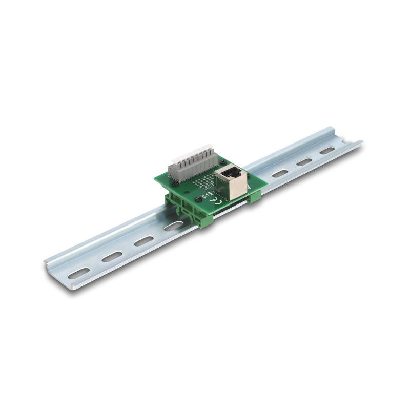 Delock RJ45 Buchse zu Terminalblock mit Drucktaster für Hutschiene gewinkelt