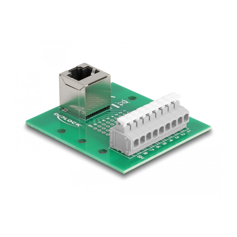 Delock RJ45 Buchse zu Terminalblock mit Drucktaster für Hutschiene gewinkelt