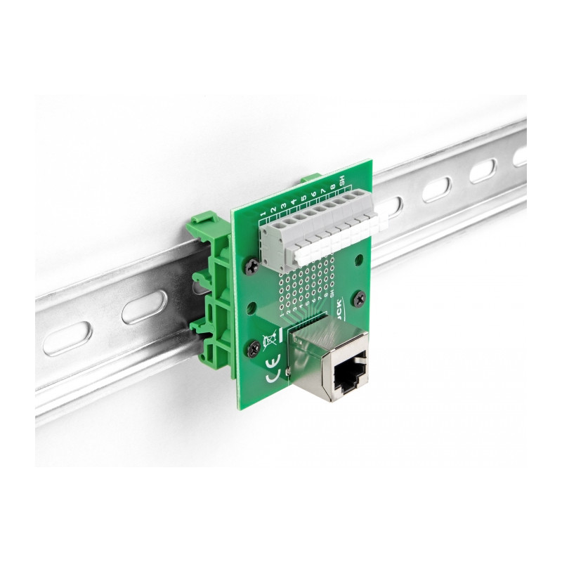 Delock RJ45 Buchse zu Terminalblock mit Drucktaster für Hutschiene gewinkelt