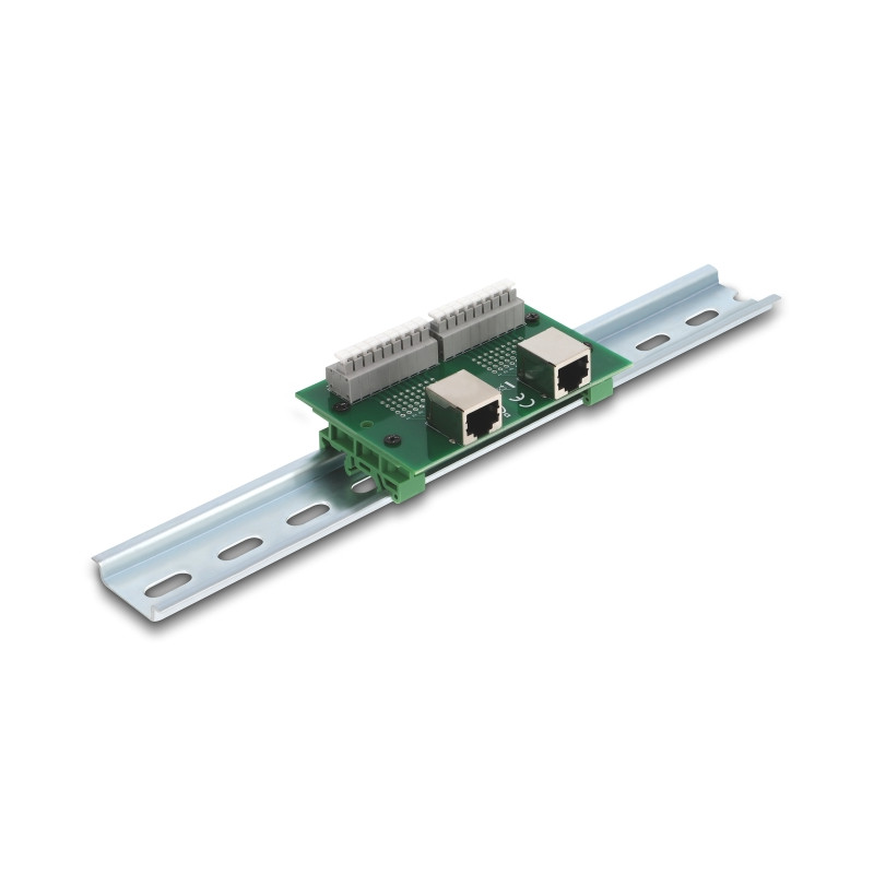 Delock RJ45 2 x Buchse zu 2 x Terminalblock mit Drucktaster für Hutschiene