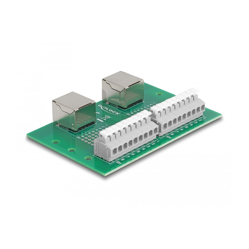 Delock RJ45 2 x Buchse zu 2 x Terminalblock mit Drucktaster für Hutschiene
