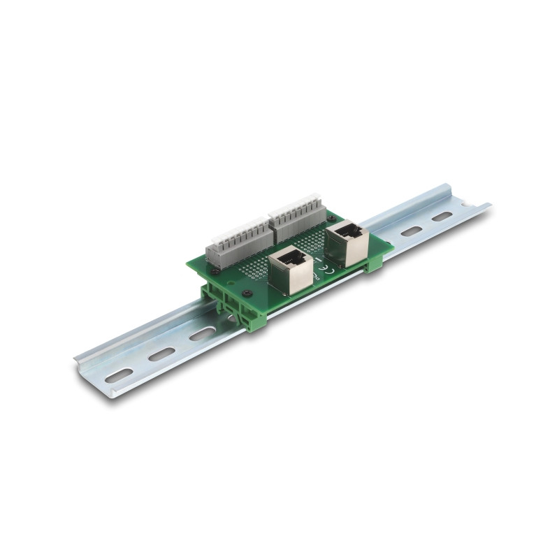 Delock RJ45 2 x Buchse zu 2 x Terminalblock mit Drucktaster für Hutschiene gewinkelt