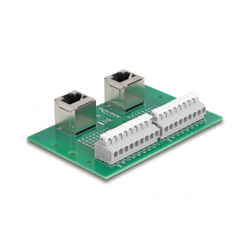 Delock RJ45 2 x Buchse zu 2 x Terminalblock mit Drucktaster für Hutschiene gewinkelt