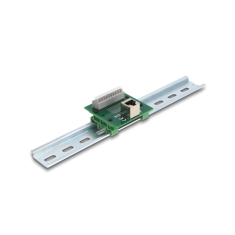 Delock RJ50 Buchse zu Terminalblock mit Drucktaster für Hutschiene gewinkelt