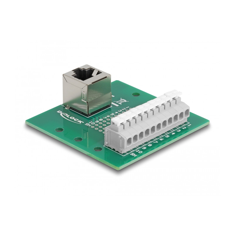 Delock RJ50 Buchse zu Terminalblock mit Drucktaster für Hutschiene gewinkelt